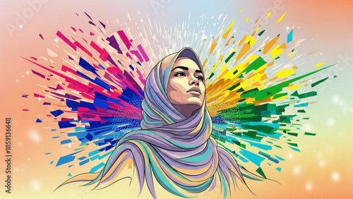 Young Muslim woman in hijab vibrant abstract explosion of colors symbolizing diversity and empowerment digital art