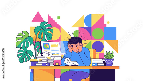 Overwhelmed person suffering professional burnout drowning in documents at a busy desk