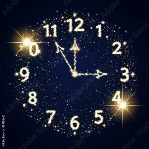 Sparkling clock face made of stardust and light representing time passing and New Years Eve countdown isolated on dark background