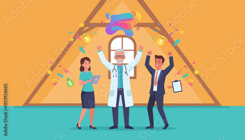 Business people and doctor celebrating healthcare achievement financial success and partnership victory in an office loft