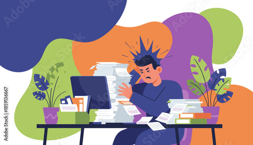 Frustrated man suffering from burnout and headache due to massive paperwork and office work overload