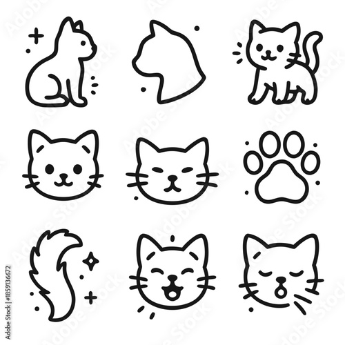 Cat vector outline drawings suitable for logos, icons, patterns, and prints. Minimalist design provides elegant and versatile graphics for various creative projects.