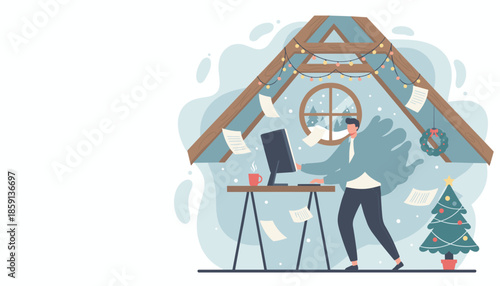 Stressed remote worker battling deadlines in a festive attic office during the winter holiday season