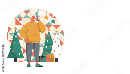 Happy senior woman talking on smartphone amidst Christmas decorations and gifts Holiday communication