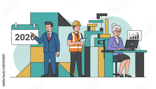 Corporate executive builder and senior employee planning for the future business year 2026