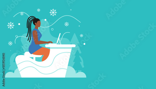 Woman freelancer using laptop in a whimsical winter illustration symbolizing remote work during the holidays