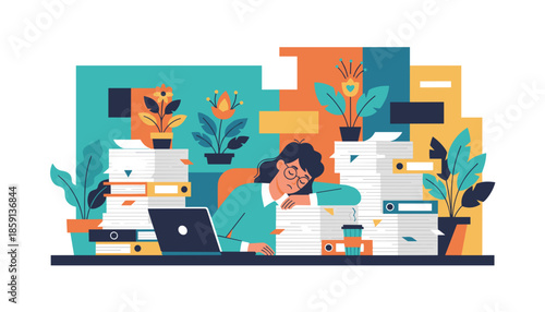 Overworked businesswoman asleep at her desk surrounded by piles of paperwork and deadlines Stress and burnout concept