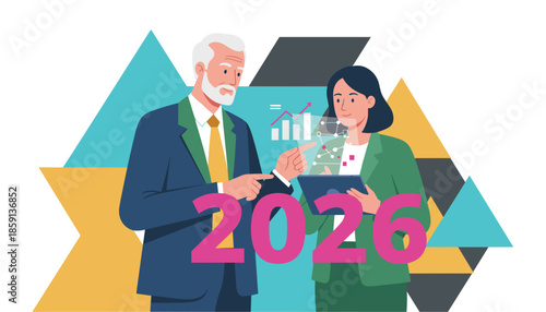 Business professionals analyze future growth strategy for 2026 using a digital tablet and holographic data display