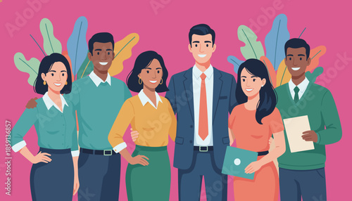 Diverse smiling business team portrait illustrating unity collaboration and corporate success against a vibrant background