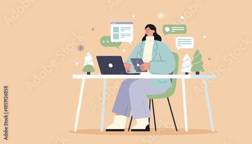 Remote work and holiday planning Woman uses laptop and tablet surrounded by winter decoration and digital messages