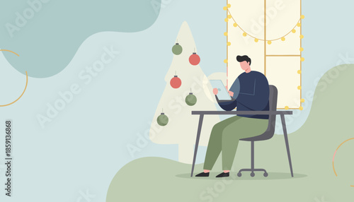 A man works remotely on a tablet near a festive window and Christmas tree Holiday business concept