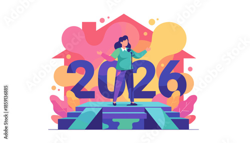 Public speaker announces plans for 2026 Real estate policy or future business development illustration