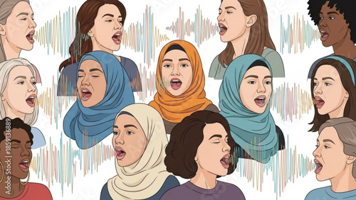 Diverse group of people singing with open mouths representing choir music and sound waves illustration for audio concepts