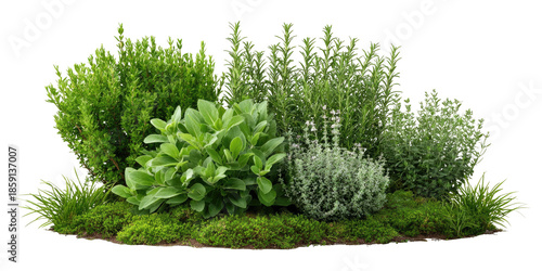 A vibrant collection of assorted green plants and shrubbery arranged on a bed of green moss