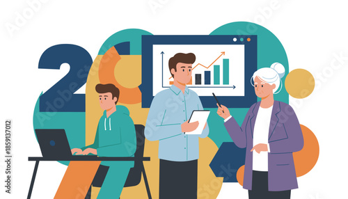 Business team analyzes financial data showing growth on screen Mentorship and planning