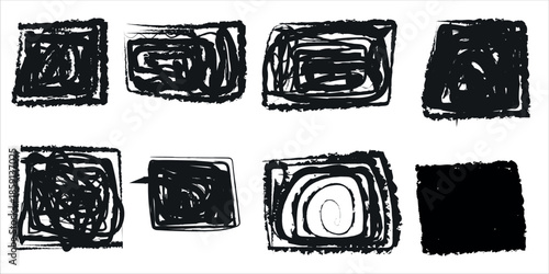 Abstract art composition with eight rectangular black and white brushstrokes on a white background