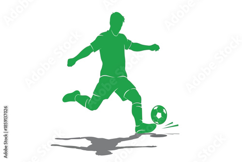 A vibrant green silhouette of a soccer player in action dynamically kicking the ball with focused energy high quality