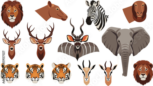 Photography Wild Animal Heads Collection Vector Illustration Featuring Lion Tiger Zebra Elep