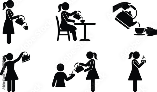 Elegant Tea Pouring and Serving Icon Set