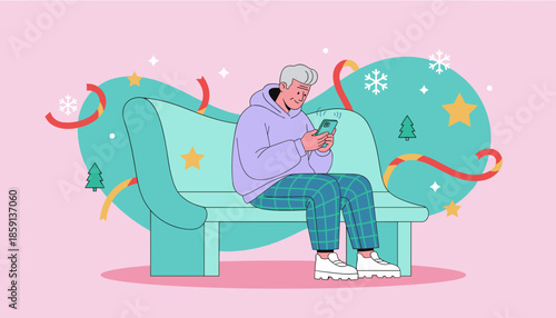 Smiling man uses smartphone during the holidays surrounded by festive decorations Digital lifestyle