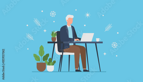 Senior businessman works remotely on laptop in a festive winter home office illustration