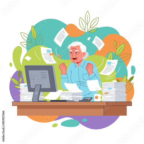 Stressed senior employee shouting overwhelmed by massive paperwork and office workload