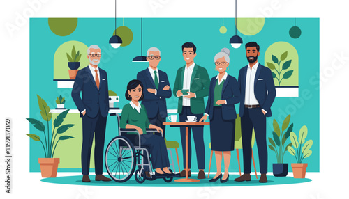Inclusive diverse business team meeting in a modern green office Workplace inclusion vector illustration