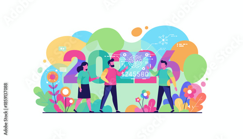 Collaborating business team defining 2026 goals focused on future success technology and finance