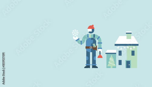 Winter repair service illustration Plumber with plunger and snowflake next to a festive snowy home