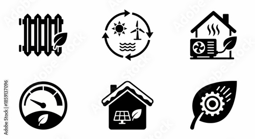 Heating system with green leaf, renewable energy cycle, home heating and cooling, energy gauge, solar panel house, eco-friendly gear leaf