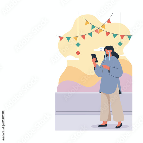Crying woman holding a phone on a balcony with festive flags symbolizing sadness digital distress or isolation