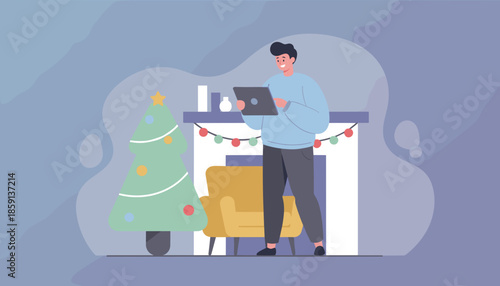 Man uses tablet in a cozy festive living room with a Christmas tree Digital holiday lifestyle illustration