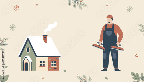 Contractor ready for winter home maintenance near a cozy snowcovered house