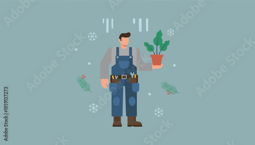 Handyman in overalls holding a potted plant in a winter scene illustration Seasonal service concept