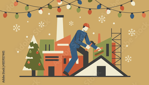 Worker fixing a factory building under Christmas lights and snow Industry and holiday illustration