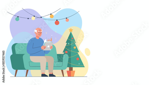 Senior man plans investments on tablet by Christmas tree Retirement finance and holiday illustration