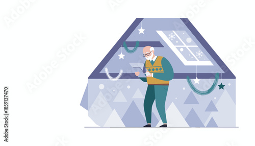 Elderly man uses a tablet in a decorated winter home setting Modern senior technology and holiday connection