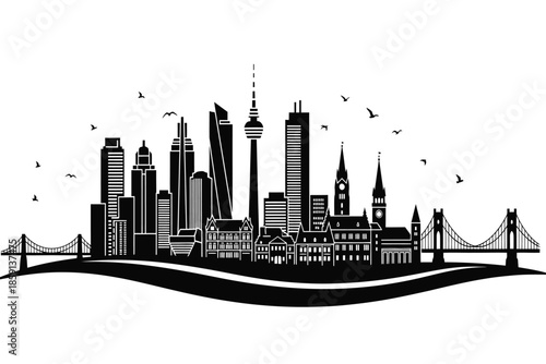 A striking black and white skyline illustration depicts a modern city with prominent skyscrapers and iconic landmarks conveying a sense of urban grandeur