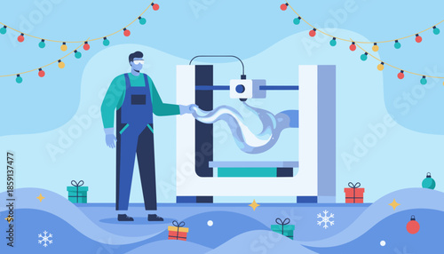 Festive 3D printing Engineer creating holiday items with modern technology