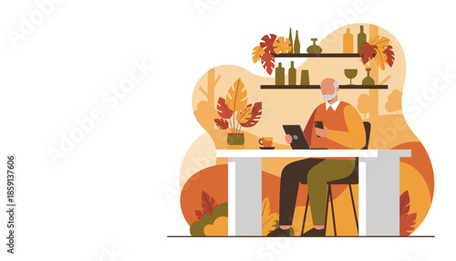 Senior man using tablet and smartphone at a desk illustrating digital literacy modern lifestyle and remote connection