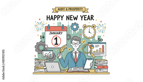 New Year financial audit and prosperity goals Professional accountant planning for business success on January 1st