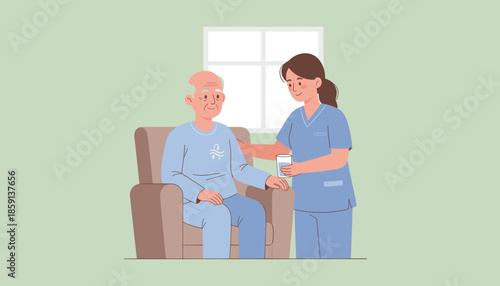 Compassionate nurse helps senior man seated in an armchair with water Home care and support illustration