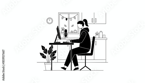 Remote worker using computer and microphone in cozy fall home office Vector illustration