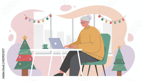 Senior remote worker typing on a laptop in a festive office setting decorated for Christmas