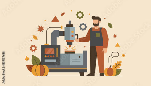Industrial worker operating CNC machine stylized with autumn leaves and pumpkins Manufacturing concept