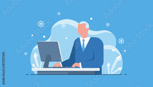 Senior businessman working at computer desk in a stylized blue winter environment