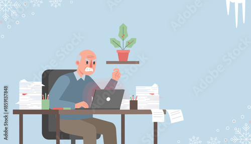 Angry overworked senior man suffering from work stress and arm pain at his messy office desk in cold winter weather