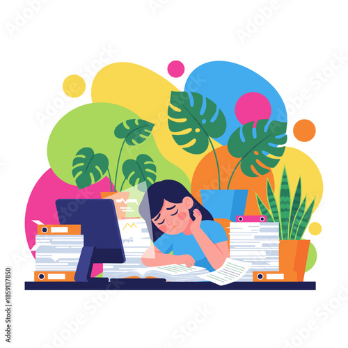 Overworked employee suffering professional burnout sitting at a messy office desk surrounded by files and stress