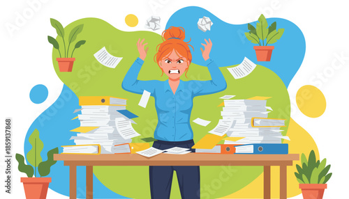 Furious office worker overwhelmed by files and work stress Flat vector illustration