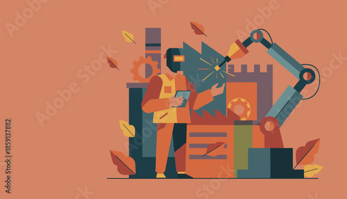 Industrial worker manages robotic automation and manufacturing processes using digital tablet